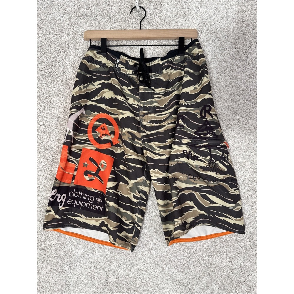 LRG Board Shorts Mens 32 Green Tiger Stripe Camo Swim Trunks Bathing Suit Surf